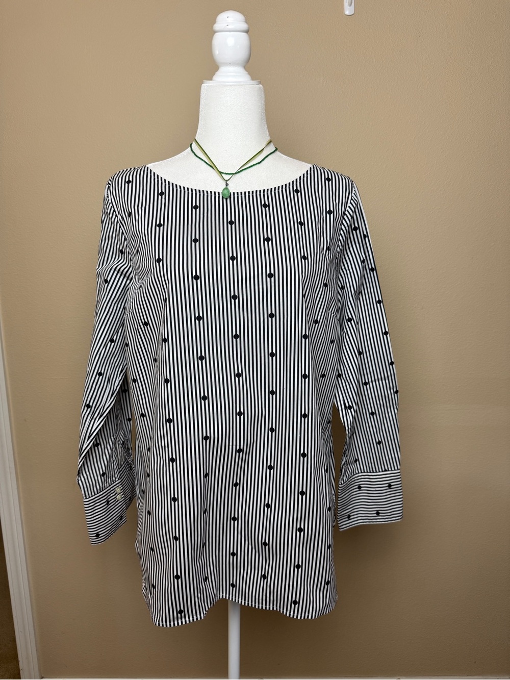 Talbots Black and White Tripped and Polka Dot Long Sleeve Blouse Size Large